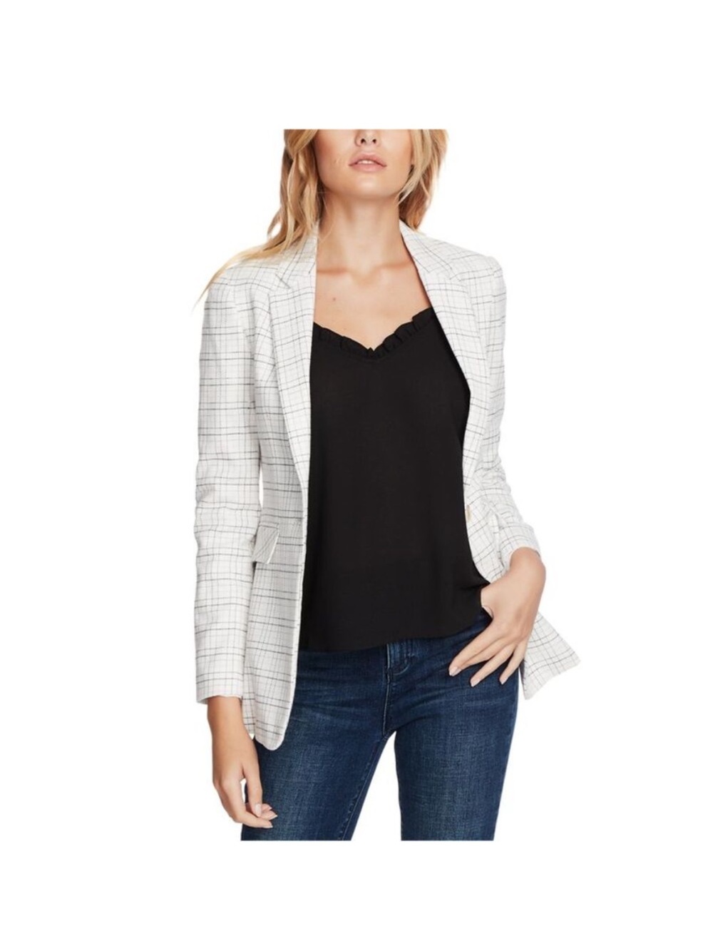 1.STATE White Plaid Open-Front Blazer